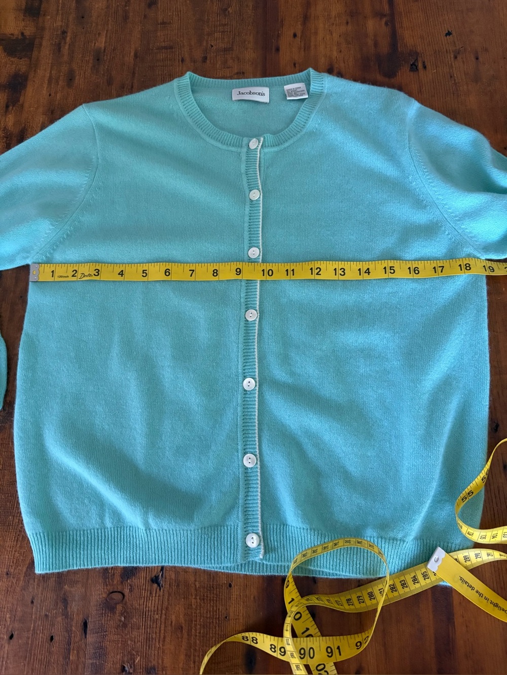 Jacobson's 100% Cashmere Crewneck Cardigan Sweater Aqua Turquoise Blue M - Picture 6 of 8